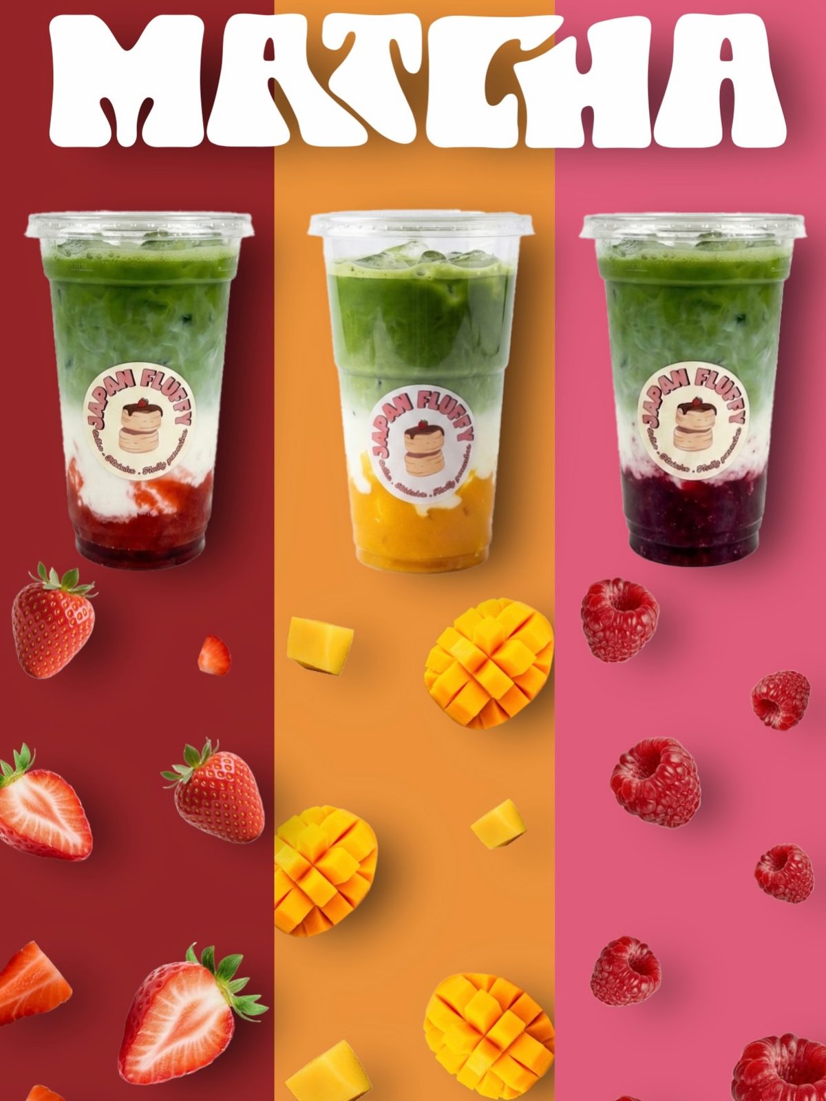 Trois matcha glacés Japan Fluffy aux fruits