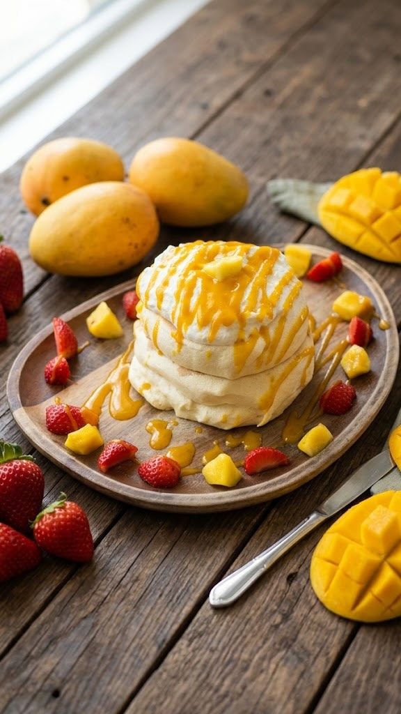 Pile de fluffy pancakes nappés de mangue et fruits frais